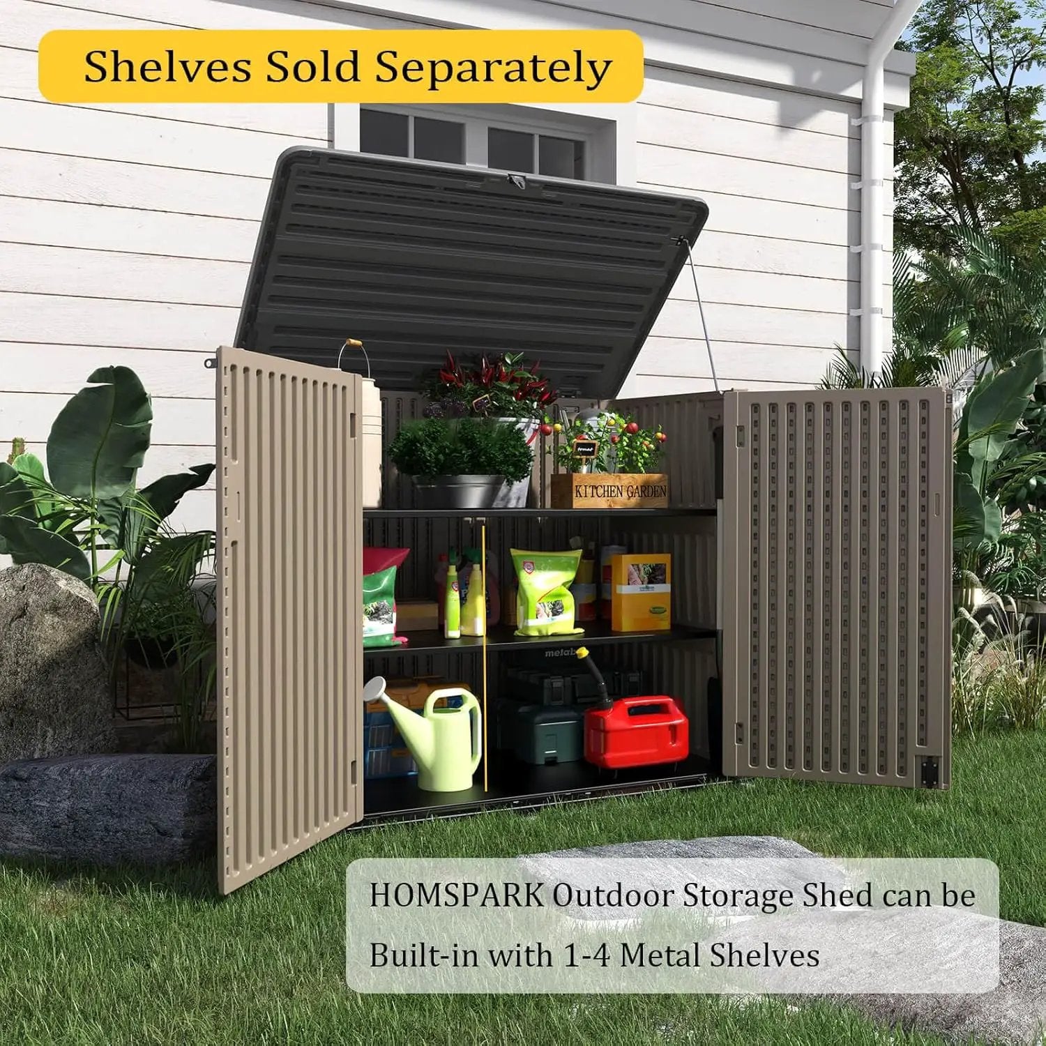 HOMSPARK Storage Shed Weather Resistance, Multi-Purpose Outdoor Storage Cabinet Waterproof, Outdoor Storage Cabinet for Bike, Garbage Cans, Lawnmower, Garden Accessories (coffee, Extra Large-48 cu ft) by GreenHaven Gardens