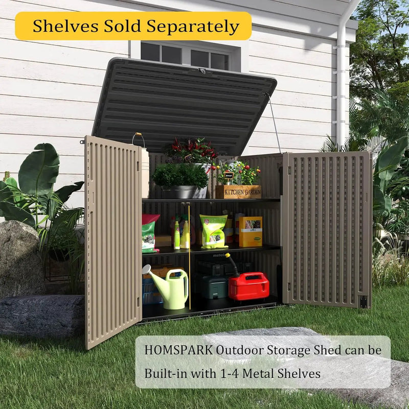 HOMSPARK Storage Shed Weather Resistance, Multi-Purpose Outdoor Storage Cabinet Waterproof, Outdoor Storage Cabinet for Bike, Garbage Cans, Lawnmower, Garden Accessories (coffee, Extra Large-48 cu ft) by GreenHaven Gardens