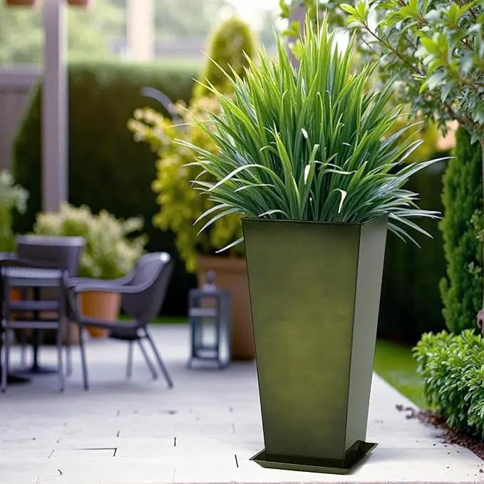 WORTH Garden 25" Large Metal Glazed Planter Set of 2, Luxurious Glossy Finish Green Tall Square Tapered Steel Plant Pots, Decor Flower Pot Indoor & Outdoor, Drainage Hole & Dual-Purpose Plant Saucer by GreenHaven Gardens
