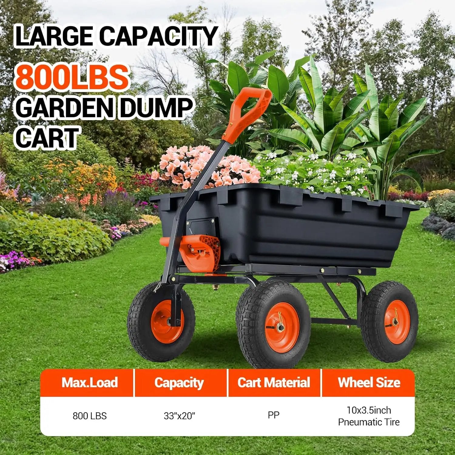 Garvee 800 lbs Poly Garden Dump Cart, Heavy-Duty Wheelbarrow with 10-Inch Tires, 180° Rotating Handle, Steel Frame and Quick Release System Garden Dump Cart for Soil Plants Gardening Tools Wood by GreenHaven Gardens