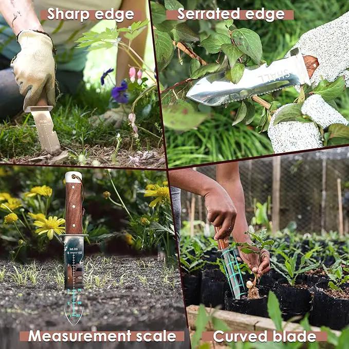 SHALL Hori Hori, Japanese Garden Knife, Soil Knife with Leather Sheath, Rosewood Handle & Hide Rope, 7” Stainless Steel Blade, Rope Cutting Edge, for Digging, Weeding, Planting, Full-Tang by GreenHaven Gardens