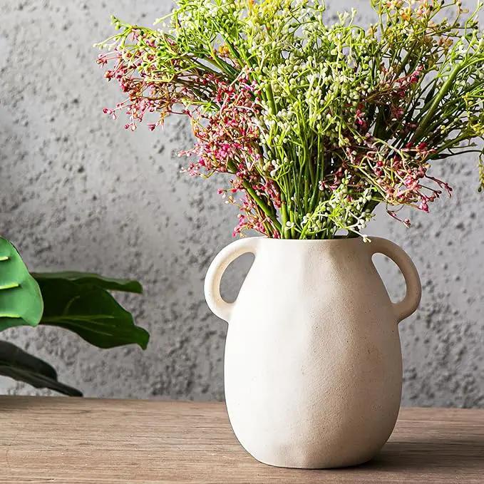 Kimdio White Ceramic Vase with 2 Handles – Sand-Glazed Clay Pottery Vase for Dried Flowers, Rustic Modern Table Decor, Farmhouse Boho Shelf Decoration by GreenHaven Gardens