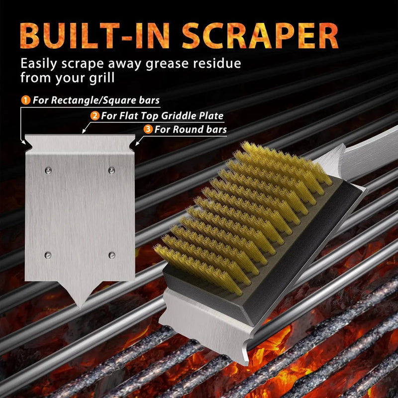 ENLOY Grill Brush and Scraper for Barbecue, 17" Grill Brush for Outdoor Grill, Extended Rosewood Handle and 2 Replaceable Copper Wire Brush Heads, Grill Cleaning Brush Grill Accessories for Most Grill by GreenHaven Gardens