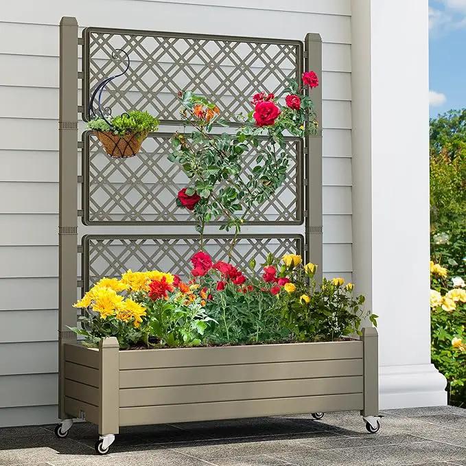 YITAHOME 43.3x17.7x61 in Planter Trellis Box with Wheels & Drain Plug, Outdoor Resin Raised Garden Bed for Climbing Plants, Large Weather-Resistant Design, Light Brown by GreenHaven Gardens