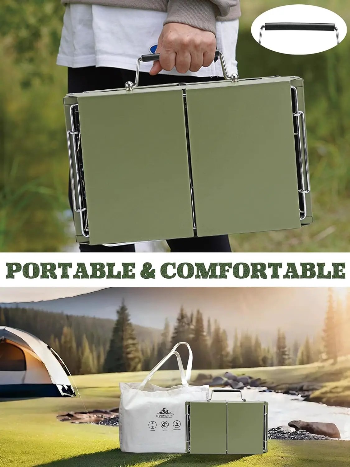 Charmline 14x9inch Small Foldable Portable Charcoal Grill, Compact Portable Grill for Outdoor, Charcoal Grills for Camping, Picnics, Gardens and Beach Parties, Liftable Grilling Net, Green by GreenHaven Gardens