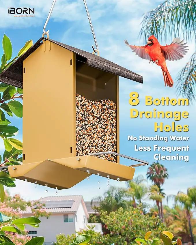 iBorn Bird Feeders for Outdoors,Bird House Feeder with Weatherproof Metal Roof & 8 Drain Holes,Fully Detachable Birdfeeder Design,Easy Clean & Refill,Chew-Proof PC Windows,1.5 Lbs Capacity,Coffee Roof by GreenHaven Gardens