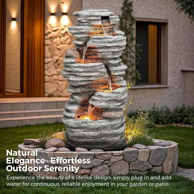 40" Outdoor Water Fountain with LED Lights - 5-Tier Cascading Rock Waterfall Fountain, Natural Rock Look, Ideal for Garden, Landscaping, Patio, Balconies and Yard Decor by GreenHaven Gardens