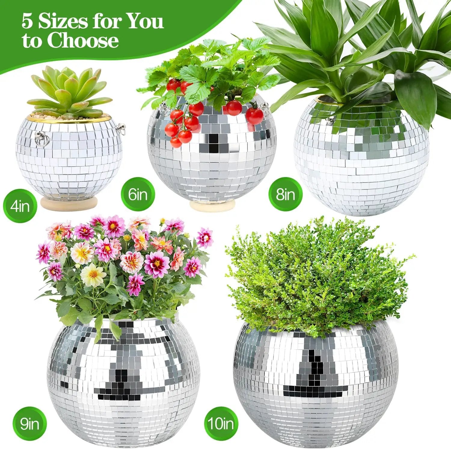 8" Silver Disco Ball Planter with Hanging Rope, Hanging Chain, Hook, Circle | for Decoration by GreenHaven Gardens