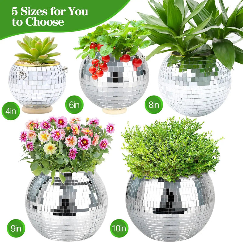 8" Silver Disco Ball Planter with Hanging Rope, Hanging Chain, Hook, Circle | for Decoration by GreenHaven Gardens