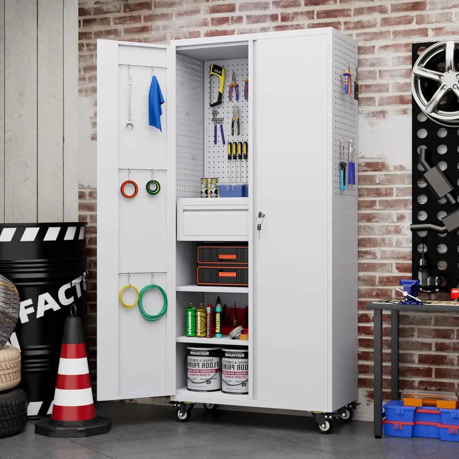 71" H Garage Storage Cabinet with Locking Doors and 2 Adjustable Shelves, Metal Tool Storage Cabinet with Wheels, Drawer, Pegboard and 16 Hooks for Garage, Warehouse, White by GreenHaven Gardens