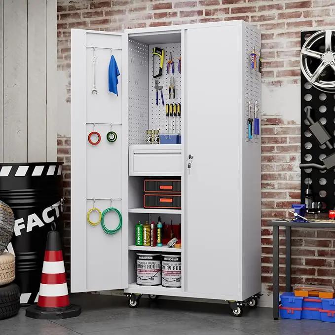 Metal Garage Cabinet with Wheels,71''H Rolling Lockable Steel Tool Cabinet with Pegboard & Drawer for Garage,Home,Office Assembly Required,White by GreenHaven Gardens
