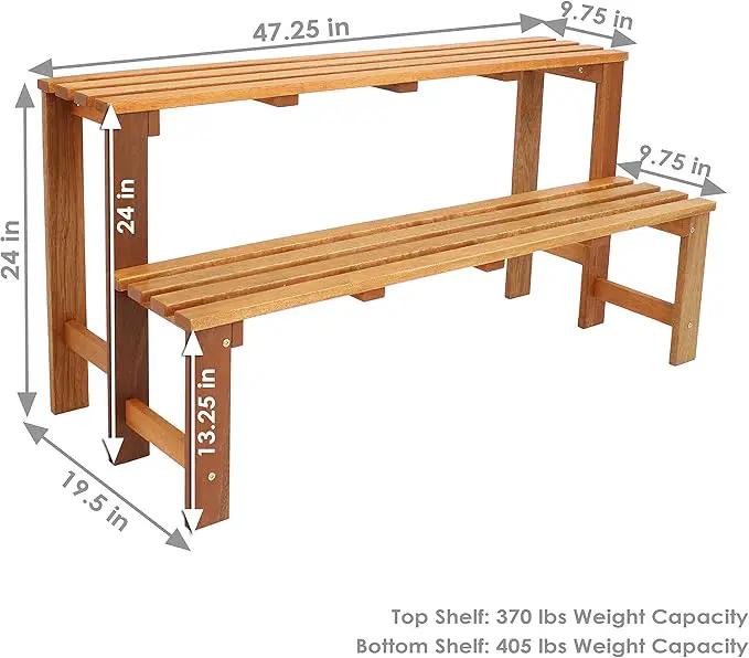 Sunnydaze 2-Tier Meranti Outdoor Wood Plant Stand - Indoor Plant Bench with Teak Oil Finish - 24-Inch by GreenHaven Gardens