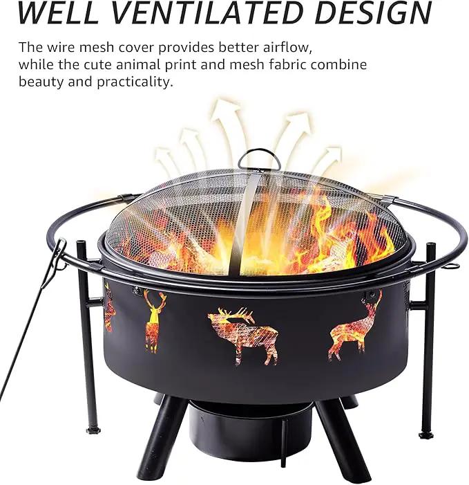 NATURAL EXPRESSIONS 32 Inch Large Fire Pit with 2 Grills, Outdoor Wood Burning Fire Pit with Cooking Grate, Lid, Poker and Round Waterproof Cover for Patio, Ourside, Bonfires, Picnic, Party. by GreenHaven Gardens