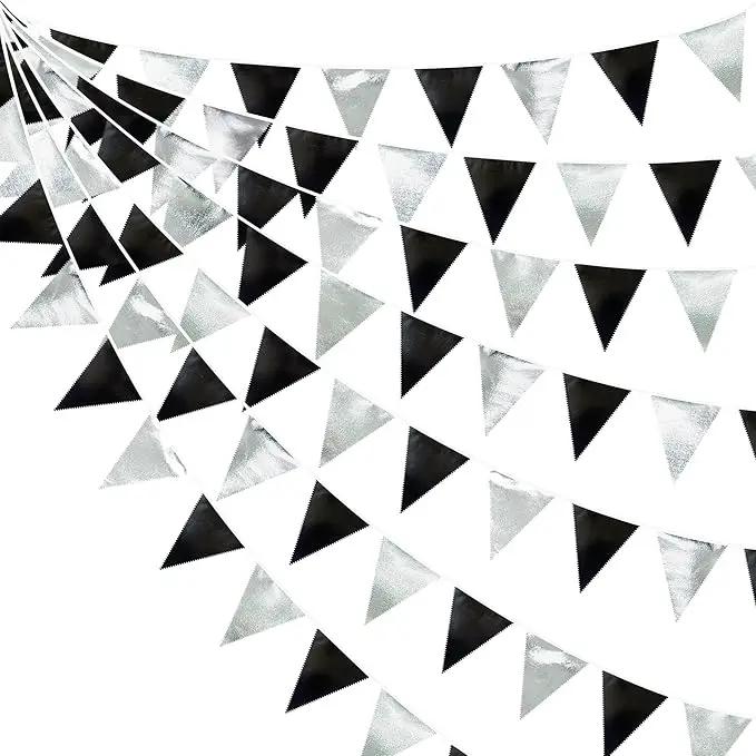 Black and Silver Party Decorations Triangle Pennant Banner Flag Metallic Fabric Bunting Garland for Birthday Graduation Retirement Wedding Bachelorette Bridal Shower Engagement Disco Party Supplies by GreenHaven Gardens