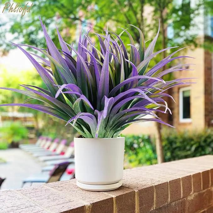 32Pcs Artificial Grass Fake Plants 17.3in Outdoor Plants UV Resistant Faux Greenery Stems Fake Grass for Home Window Garden Office Patio Pathway Front Porch Halloween Décor Green & Purple by GreenHaven Gardens
