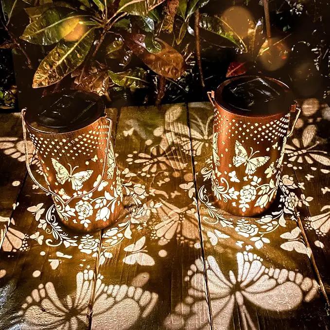 2 Pack Butterfly Solar Lanterns Outdoor Hanging Lantern Lights, Butterfly Hollowed-Out Metal Decor Lantern, Waterproof LED Decorative Garden Light - Delicate Garden Decoration by GreenHaven Gardens