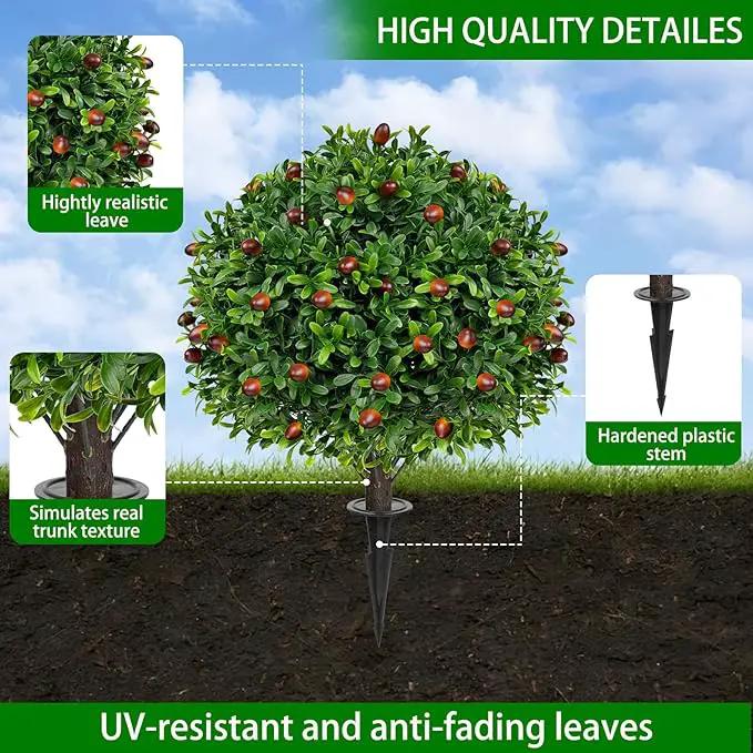 Artificial Olive Topiary Ball Trees with Ground Spike, Set of 2 UV Resistant Artificial Shrubs, Fake Evergreen Artificial Plant Bushes for Indoor Outdoor Front Porch Garden by GreenHaven Gardens
