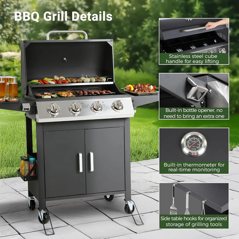 4-Burner Propane Gas BBQ Grill with Wheels, 40,000 BTU Output Stainless Steel Barbecue Grill for Backyard & Outdoor Cooking Easy Assembly, Foldable Side Tables & Spice Rack (Dark Black) by GreenHaven Gardens