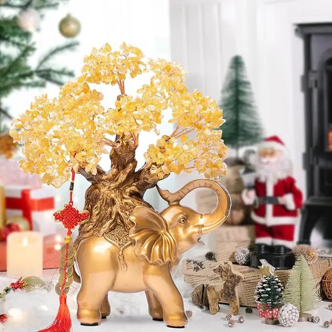 Citrine Crystal Money Tree on Gold Elephant Statue, 17”Large Gemstone Bonsai Tree of Life Home Décor Gifts for Wealth Positive Energy, Feng Shui Décor by GreenHaven Gardens