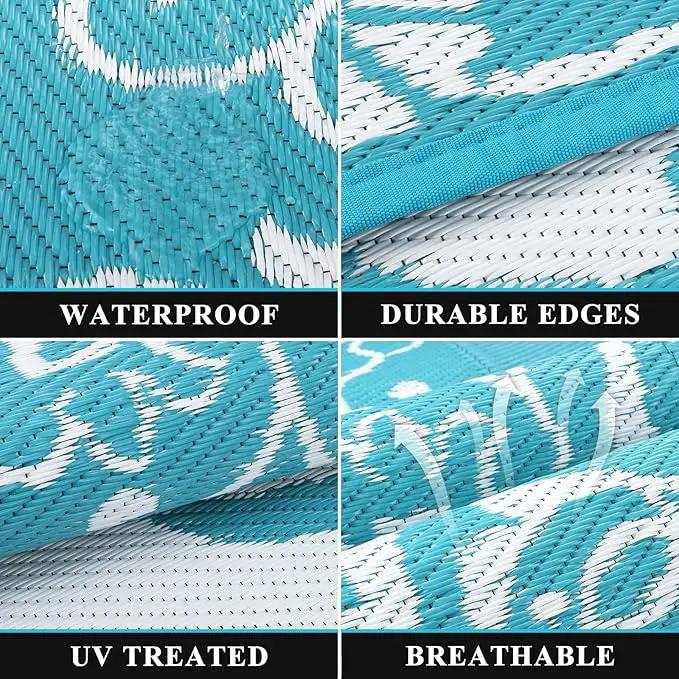 Pauwer Waterproof Outdoor Rug 9x12, Reversible Plastic Straw Patio Camping Rug, Indoor Outdoor RV Mat Carpet for Deck, Camper, Porch, Balcony, Backyard, Picnic, Boho Teal by GreenHaven Gardens