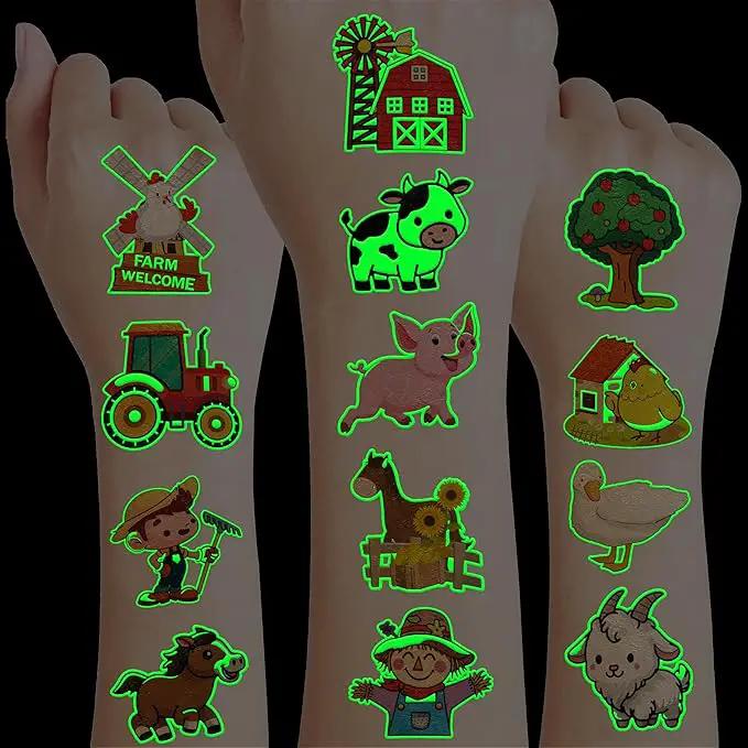 96 PCS Farm Barnyard Animal Glow In The Dark Pre-Cut Temporary Tattoos Sticker 1st First 2nd Birthday Decorations Party Favors Supplies Gift Boy Girl Farmhouse Tattoo School Reward Themed (Luminous) by GreenHaven Gardens