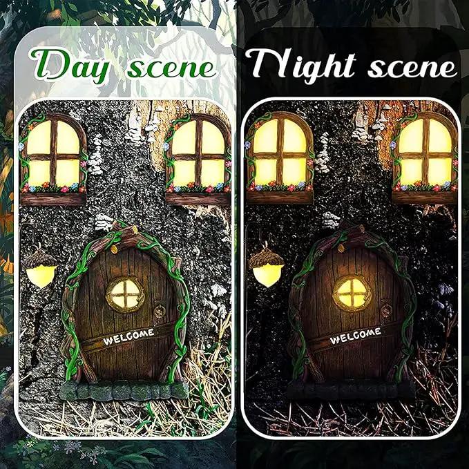 Resin Fairy Door & Window Set with Glow in The Dark Windows, Miniature Sculpture for Trees, Outdoor Decor Accessories by GreenHaven Gardens
