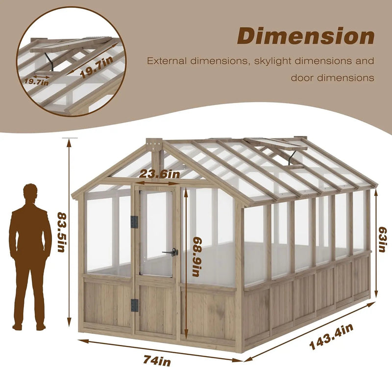 Mupater 6'x12' Wooden Polycarbonate Greenhouse,Outdoor with Ventilated Window and Lockable Door, Walk-in Greenhouse for Backyard, Patio, Lawn, Brown by GreenHaven Gardens