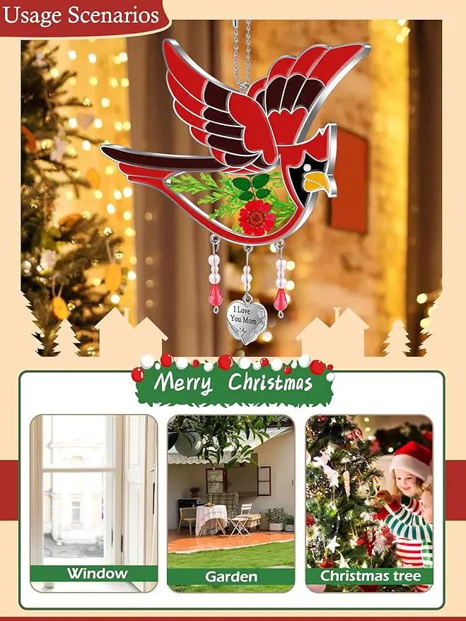 KY&BOSAM Cardinal Suncatcher I Love You Mom Glass Hangings for Windows Wind Chime Ornament with Hand Painted Real Flower and Metal Heart Charm Birthday Gifts for Women Mom Mother's Day by GreenHaven Gardens