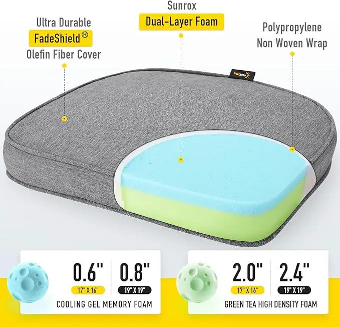 SUNROX Gel Memory Foam Chair Cushion with Ties, Ultra Durable Water Resistant FadeShield Outdoor/Indoor Reversible Chair Seat Cushion 17 x 16 inch Set of 4, Heather Charcoal by GreenHaven Gardens