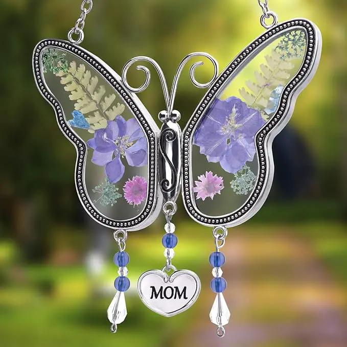 Laraine Butterfly Suncatcher with Pressed Flower Wings Mom Mother's Day Butterfly Glass Wind Chime Ornament Charm with Metal Heart Gifts for Mom Grandma Birthday (Purple Mom (with Free Hook)) by GreenHaven Gardens