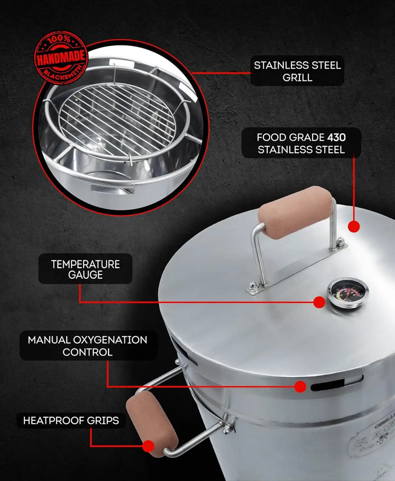 El Barril Lite Medium Barrel Smoker Grill, Stainless Steel 430, 30 lb Capacity, 12 Meat Hooks, Upper Grill and Handler, Portable Charcoal BBQ (Lite 30LBS Medium) by GreenHaven Gardens