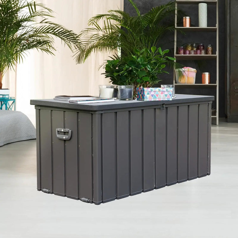 KUIKUI 100 Gallon Deck Box Waterproof, 100 Gallon Outdoor Storage Box, Metal Deck Box Waterproof for Pool Patio Cushions and Sports Pools Equipment, Dark Gray by GreenHaven Gardens