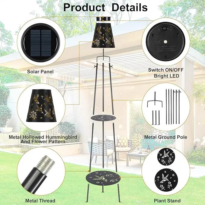 47.2'' Outdoor Metal Solar Floor Lamps with 2 Plant Stand Hummingbird Solar Lights Waterproof Solar Powered Street Lights Garden Decorative Lantern for Yard Pathway Deck Patio Porch Driveway Decor by GreenHaven Gardens