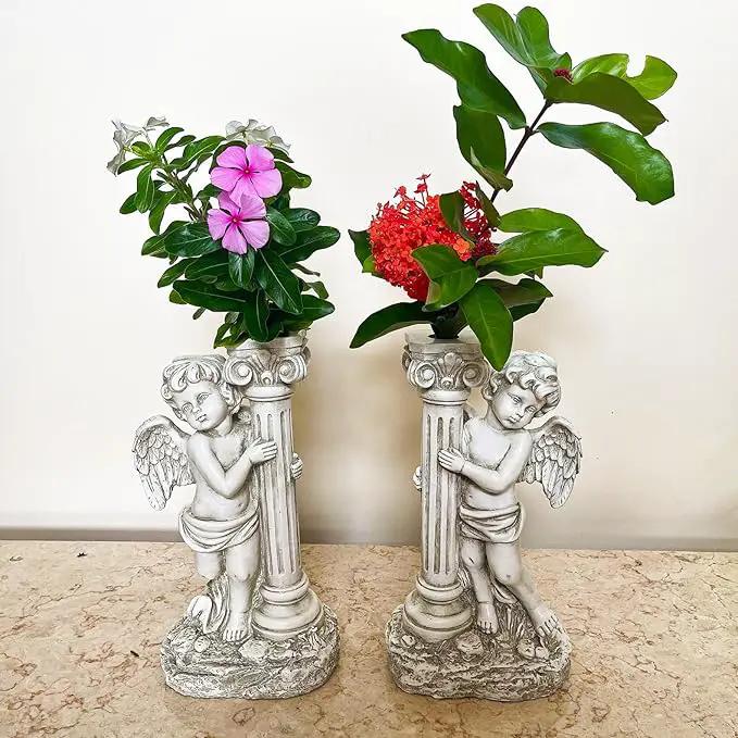 Angel Statue with Solar Lights (Left) 19.7 Inch, Outdoor Solar Angel Garden Statue with Roma Pillar for Garden Lawn Deocr, Christian Religious Gift by GreenHaven Gardens
