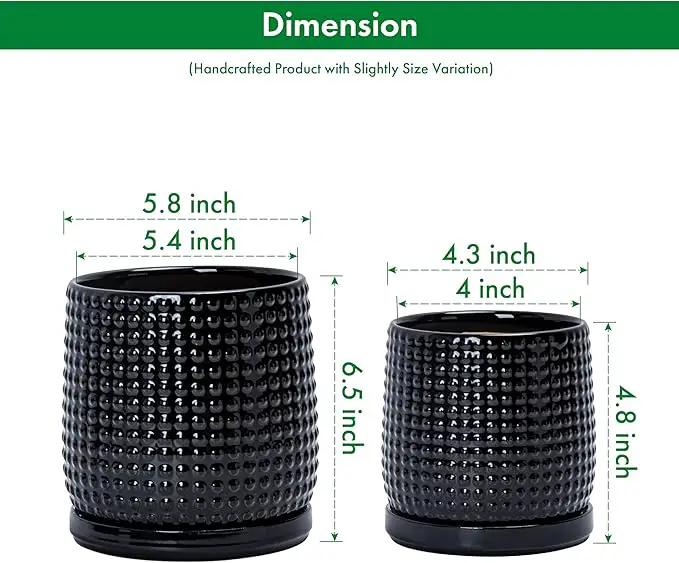 D'vine Dev 6 Inch 4 Inch Ceramic Indoor Planter Pots with Drainage Hole and Saucer, Beaded Design Flower Pots, Set of 2, Gloss Black, 27-D-U-2 by GreenHaven Gardens