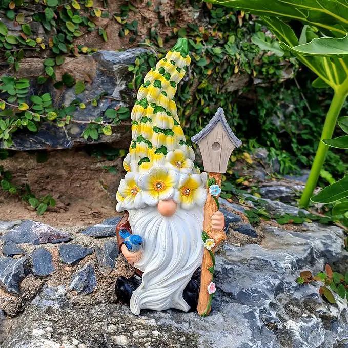 Solar Gnome Statue with Flower Hat - Solar Resin Garden Outdoor Statue Sculpture,Whimsical Gnome Figurine for Woman Gift Home and Garden Decor by GreenHaven Gardens