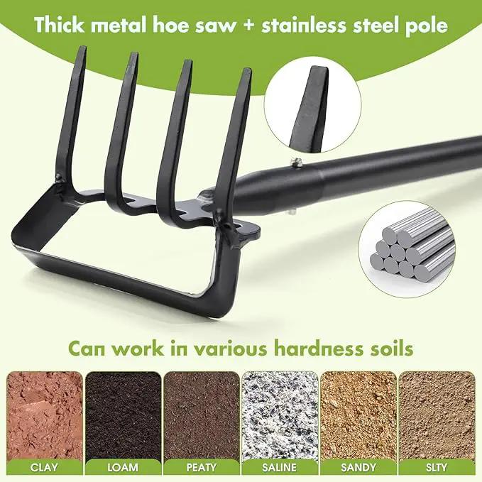 Weed Puller Gardening Tools, Hula Garden Hoe and 4 Tines Rake 2-in-1 Garden Tools for Weeding, Action Stirrup Hoe with 37"-62" Adjustable Long Handle for Lawn,Vegetable Garden Loose Soil and Weeding by GreenHaven Gardens