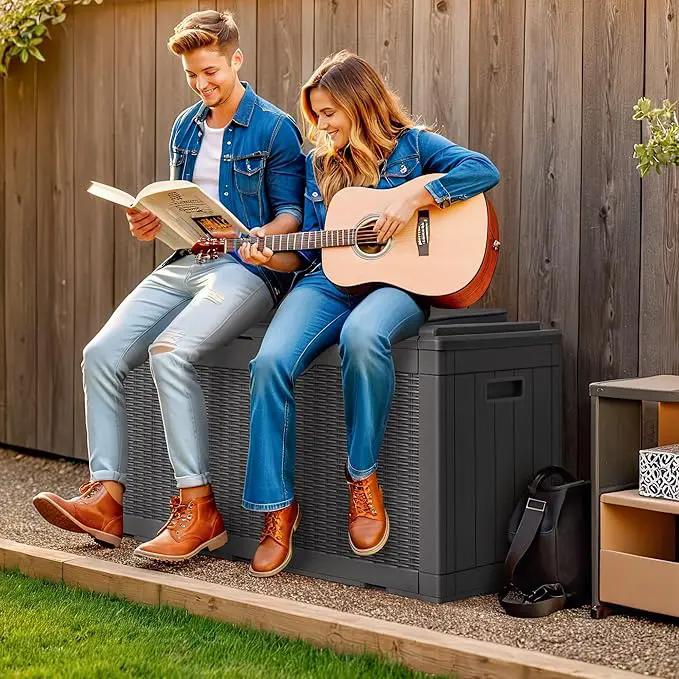 Greesum 100 Gallon Resin Deck Box Large Outdoor Storage with Cushions for Patio Furniture, Garden Tools, Pool Supplies, Weatherproof and UV Resistant, Lockable,Gray by GreenHaven Gardens