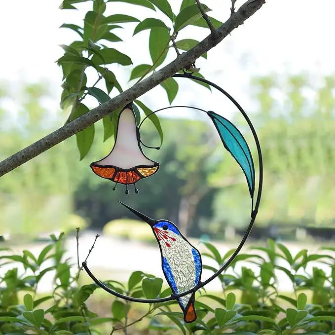 Lolitarcrafts Hummingbird with Flower Stained Glass Suncatcher Bird Stained Glass Window Hangings Hummingbird Gift for Home Decor (Blue) by GreenHaven Gardens