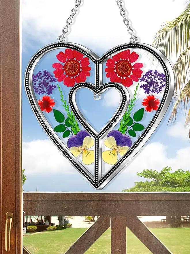 KY&BOSAM Heart Suncatchers DIY Stained Glass Hangings for Windows Wind Chimes Home Gardner Decor with Pressed Real Flowers Heart No Charm Birthday Gifts for Women Mother`s Day Christmas Ornamets by GreenHaven Gardens