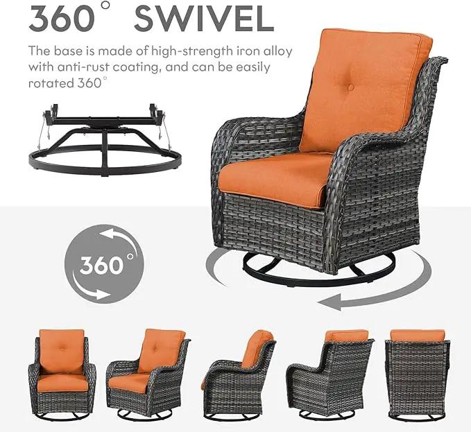 Outdoor Swivel Rocker Wicker Chairs Set of 3, High Back Swivel Patio Chairs Wicker Furniture Set, 2 PCS Rattan Swivel Rocking Chair with Side Table, Orange Cushion by GreenHaven Gardens