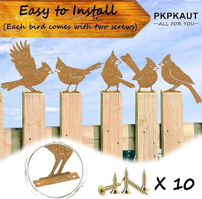 5Pcs Metal Birds Cardinal Craft Statue Ornaments Fence Topper Decor, Rusty Birds Metal Art for Fence Decorations Outdoor, Metal Bird Silhouette with Rusty Yard Art by GreenHaven Gardens