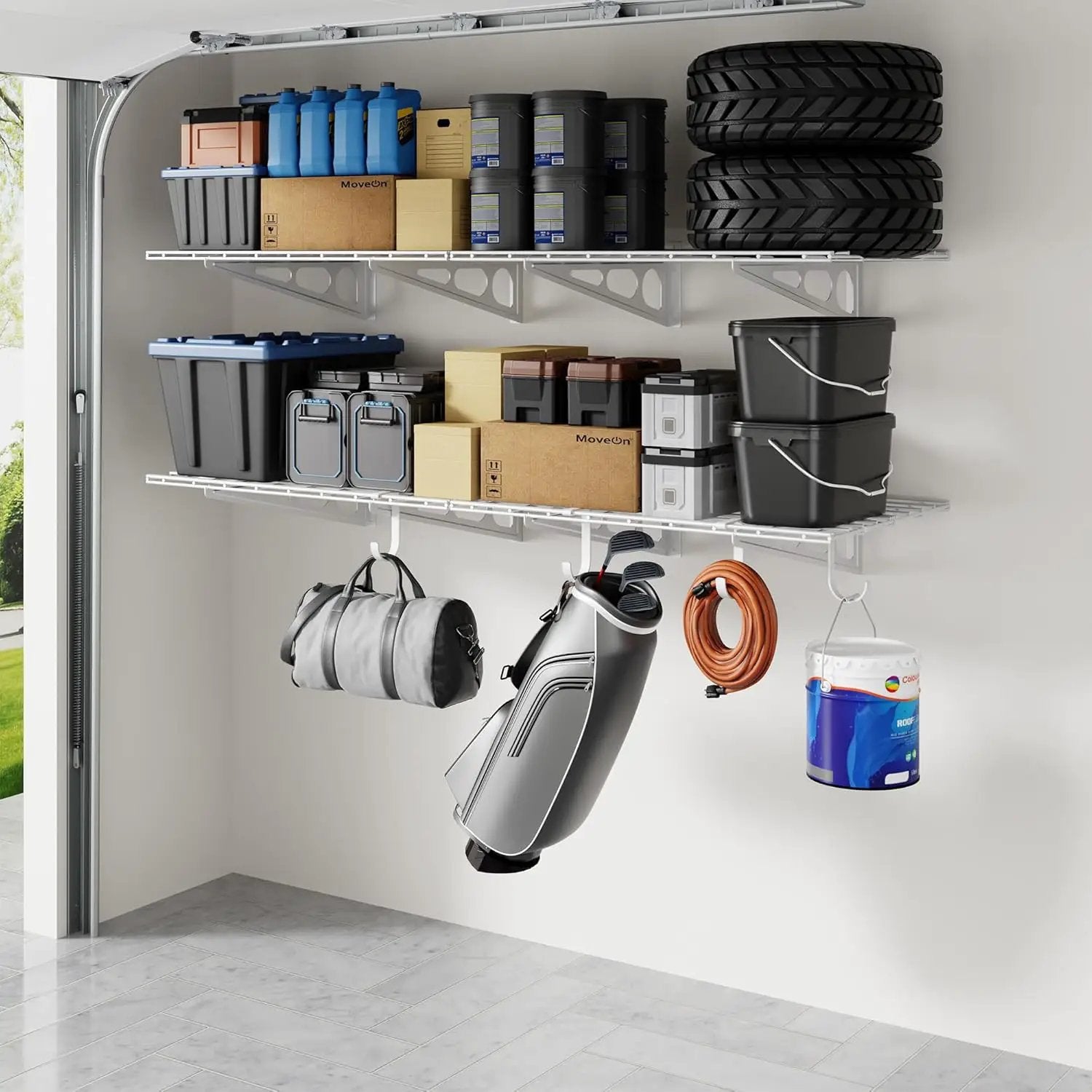 FLEXIMOUNTS 2-Pack 2x6ft Garage Shelving with Hooks, 24-inch-by-72-inch Wall Shelf Garage Storage Racks Floating Shelves, White by GreenHaven Gardens
