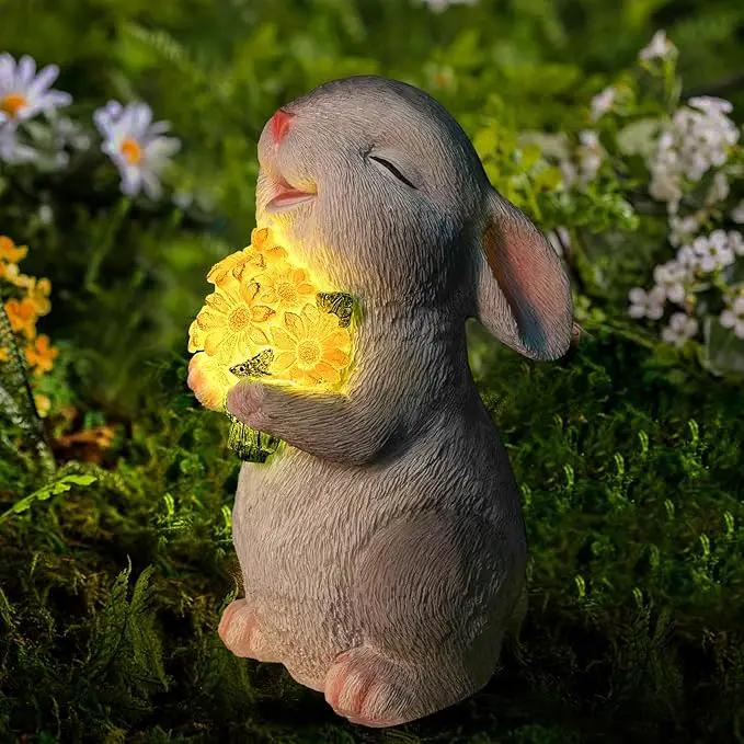 Solar Rabbit Garden Statues Outdoor Bunny Decor Resin Rabbit Figurine Holding Sunflower with LED Lights for Proch Patio Lawn Yard Christmas Housewarming Gardening Gifts for Mom Grandma by GreenHaven Gardens