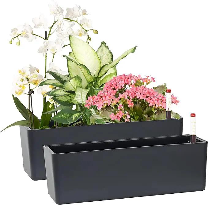 GardenBasix Elongated Self Watering Planter Pots 2-Pack Window Box 5.5 x 16 inch Indoor Home Garden Modern Decorative Pot for All House Plants Flowers Herbs (Dark Grey,2) by GreenHaven Gardens