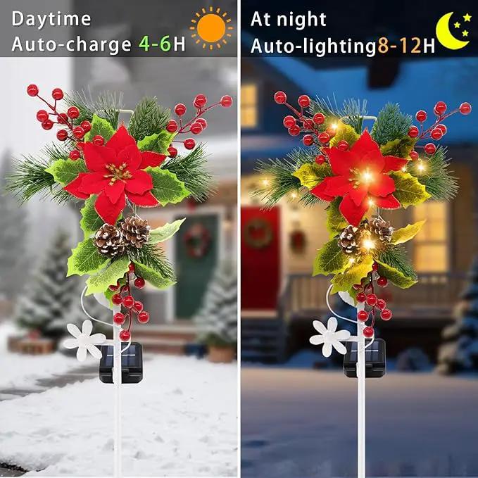 4 Pack Solar Christmas Decorations Outdoor, 32 Inch Solar Christmas Cross Stake Lights, Waterproof Grave Decorations with Poinsettia Flower Pinecones Red Berries for Garden Yard Patio Lawn Cemetery by GreenHaven Gardens
