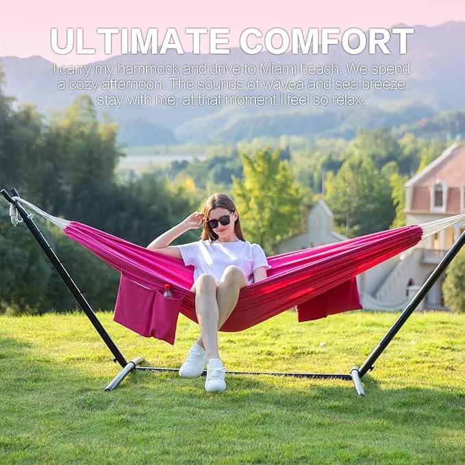 PNAEUT Double Hammocks with Stand for Outside, Portable Space Saving Heavy-Duty Steel Stand for Indoor Outdoor Patio with Carrying Bag, 450 lbs Capacity (Rose Pink) by GreenHaven Gardens