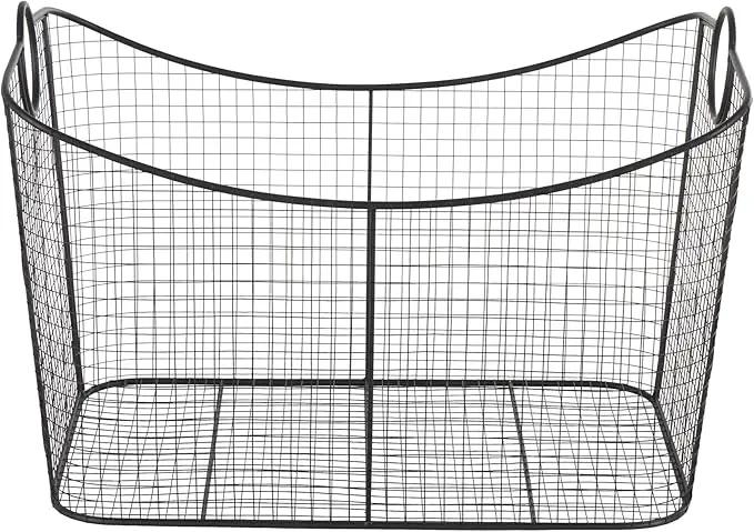 Deco 79 Metal Large Open Frame Wire Grid Storage Basket with Curved Sides and Ring Handles, 30" x 20" x 20", Black by GreenHaven Gardens