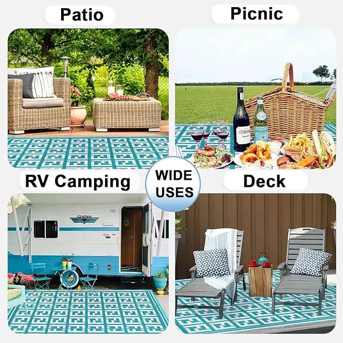 OutdoorLines Outdoor Plastic Area Rugs for Patio 5x8 ft - Reversible Outside Carpet, Stain & UV Resistant RV Mats, Straw Rug for Camping, Deck Garden, Porch and Balcony, Geometry Teal & Light Grey by GreenHaven Gardens
