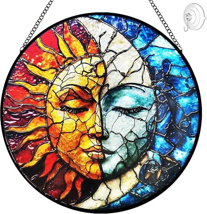 Sun and Moon Decor Stained Glass Window Hanging Suncatchers - Sun Catchers Indoor Window Christmas Decorations - Stained Glass Suncatcher with Hooks and Chain - Celestial Decor Gift for Men Women by GreenHaven Gardens